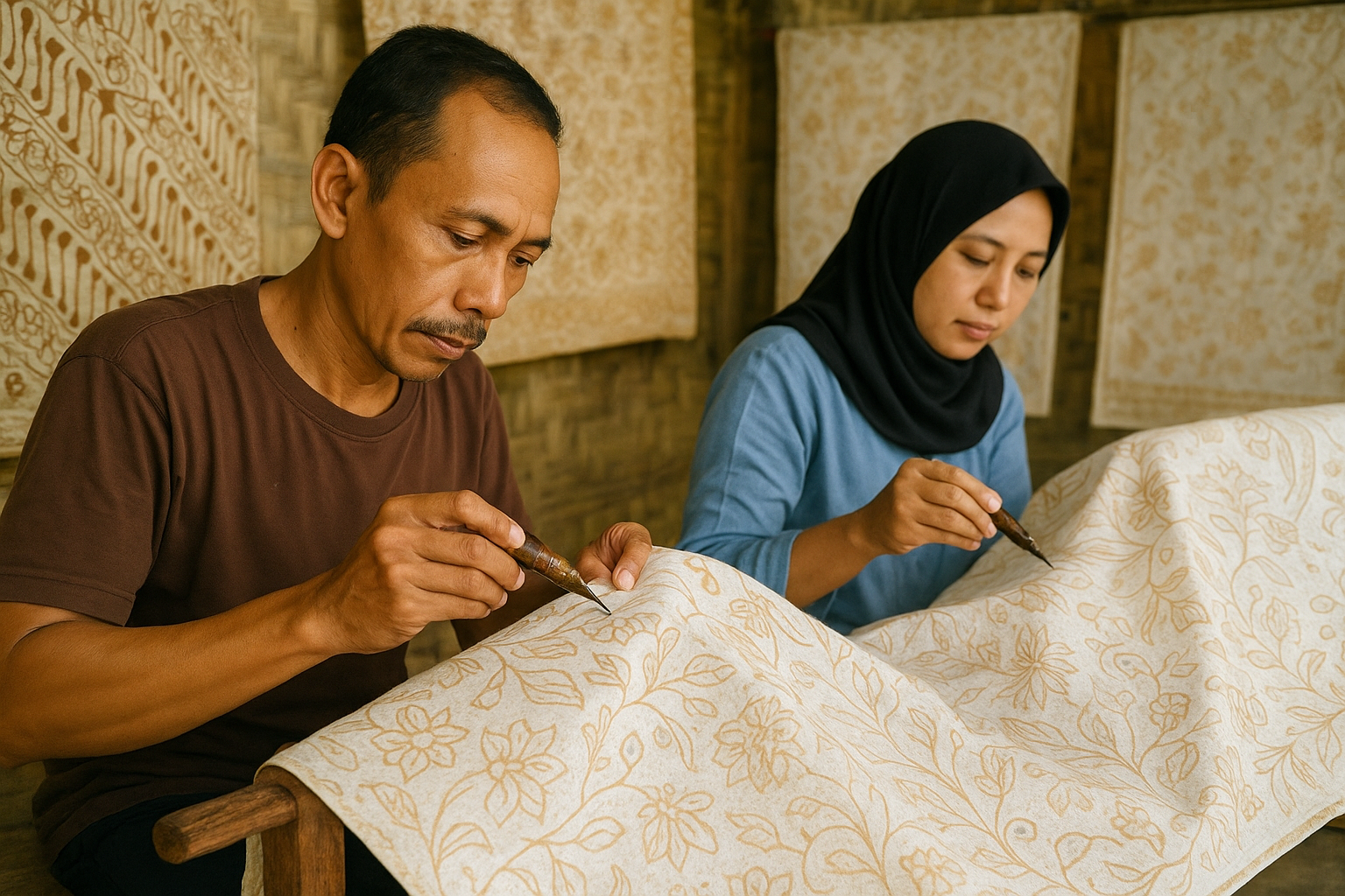 batikyogyakarta Surjan Tour Yogyakarta Tour Operator Java Overland Specialist Yogyakarta batik with soft beige and blue tones showing traditional hand drawn motifs by local artisans in a cultural workshop